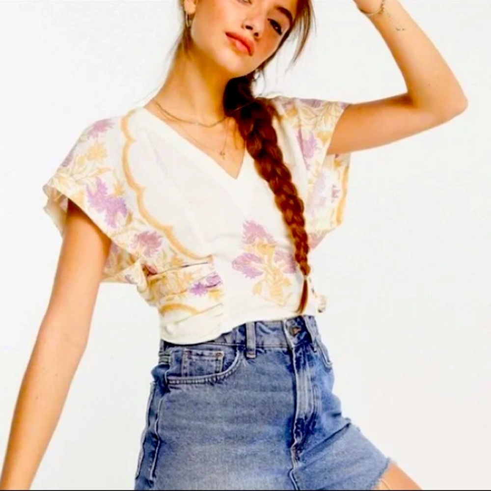 Free People Arielle Cropped Floral V-Neck Dolman Sleeve Top Tie Waist medium